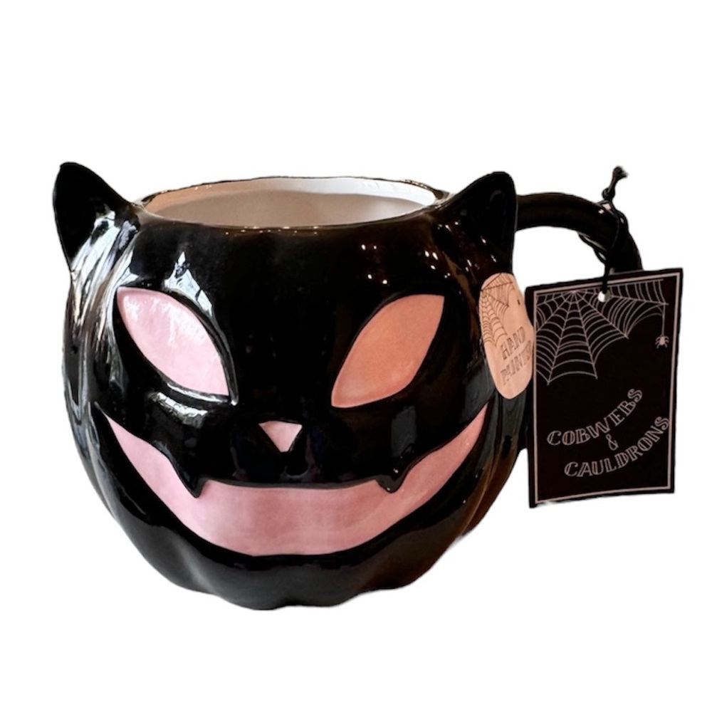 🖤 PINK + BLACK Halloween Spooky Cat Cobwebs & Cauldrons Mug NEW